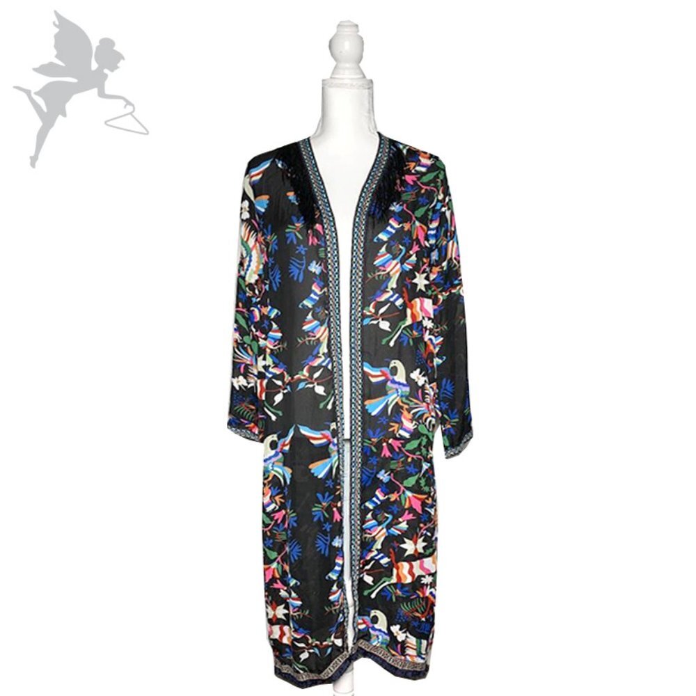 VINTAGE Fringe bird print maxi duster